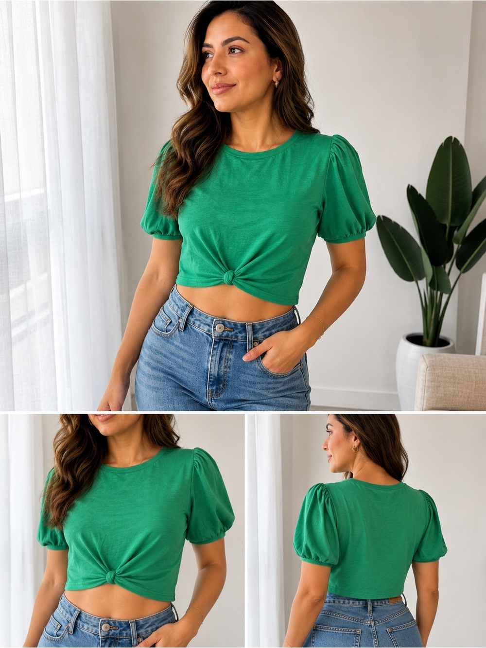 Marc New York Green Knot-Front Puff Sleeve Crop Top